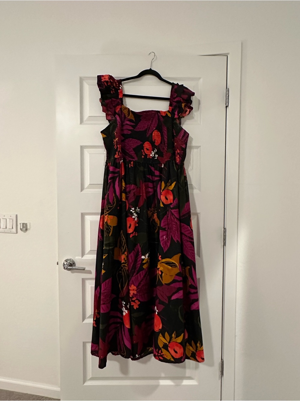 Black Floral Ruffle-Shoulder Midi Dress with Magenta & Orange Print